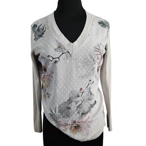 Ted Baker Floral Silk Blend V-Neck Top Size 2 Long Sleeve Ribbed Feminine